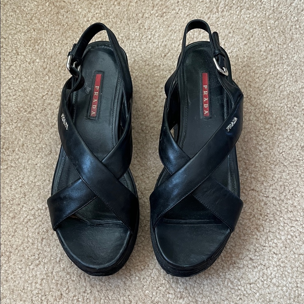 Prada Black Leather Crisscross Slingback Sandals